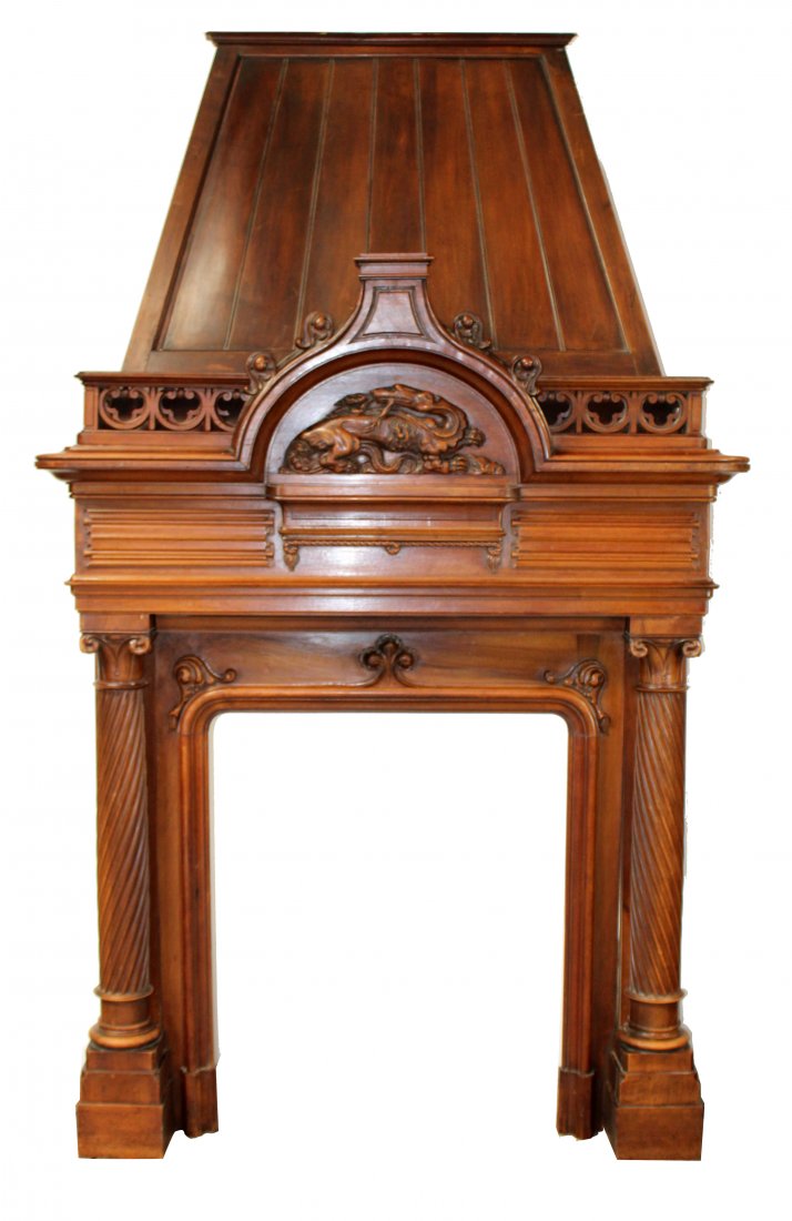 French walnut fireplace mantel with mansard hood (1 of 10)
