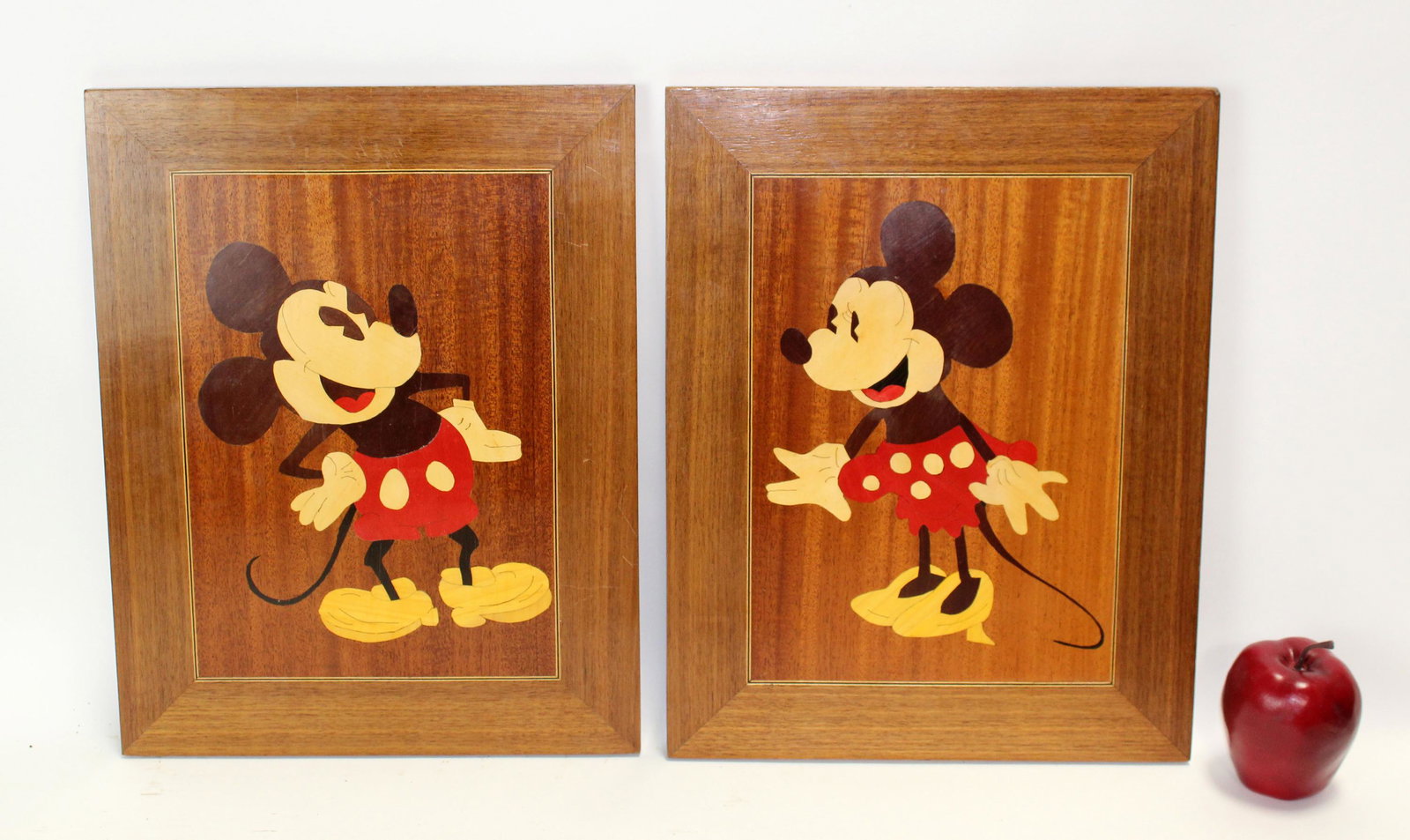 Pair inlaid wood Mickey & Minnie Mouse panels: Pair of inlaid wood Mickey & Minnie Mouse panels. Mid 20th century. 16"h x 12 1/2"w