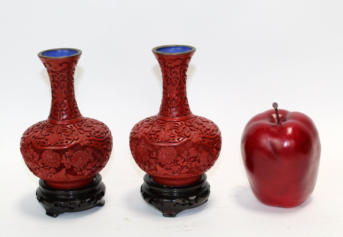 Pair of miniature Chinese Cinnabar lacquer vases (1 of 6)