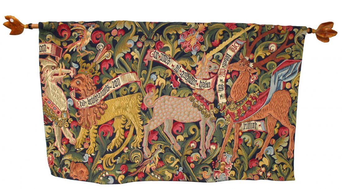 Aubusson style tapestry with mythological animals: Aubusson style tapestry with mythological animals. 45"h x 75 1/4"w Rod is 95 1/2" long.