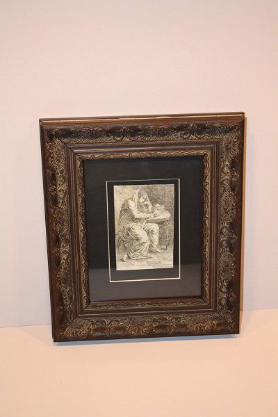 Alexander Runciman etching of a woman circa 1795: Alexander Runciman etching of a woman circa 1795 3 1/4"w x 5"h etching. Modern frame