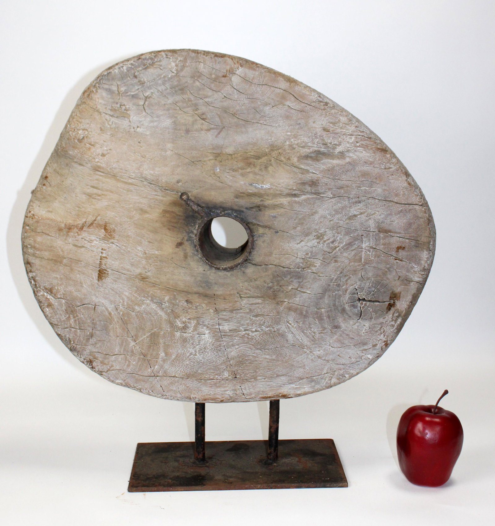 Antique French weathered wood industrial pulley (1 of 9)