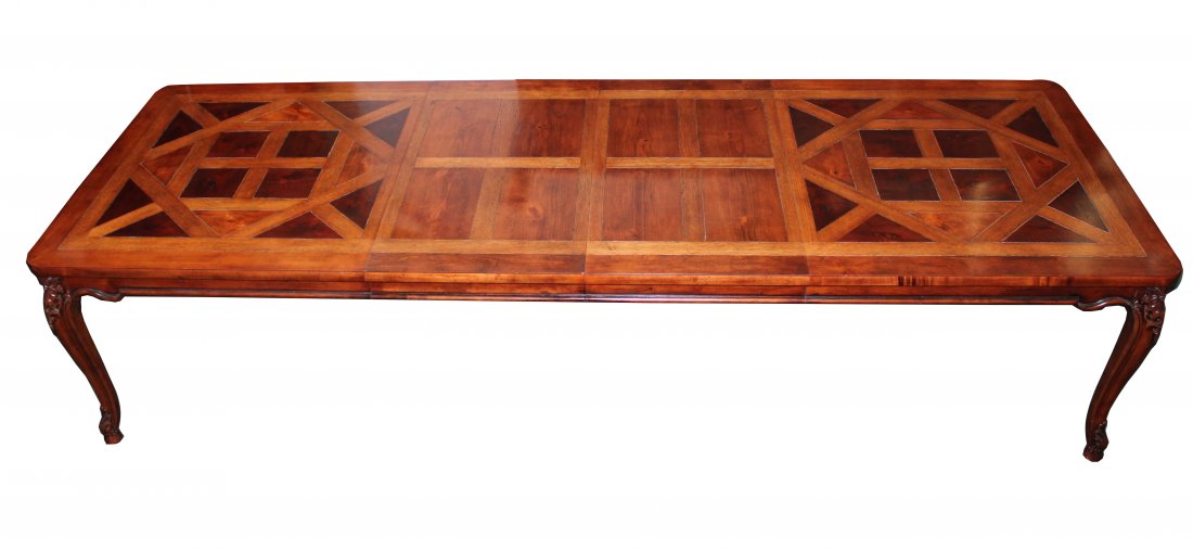Henredon Louis XV style parquet style table: Henredon Louis XV style parquet style table with 2 leaves. 30 1/2"h x 82"l x 45 1/2"d (without the leaves) 131"l with the leaves. Each leaf measures 24"