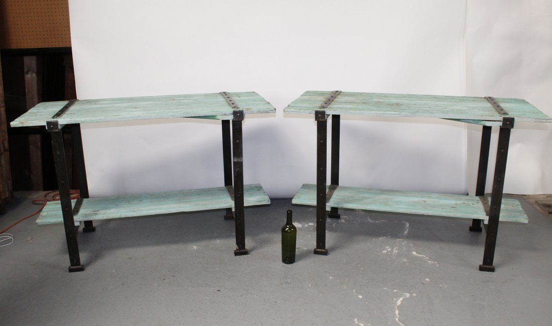 Pair French painted shutter console tables: Pair French console tables made from old shutters on iron stands. 32 1/2"h x 50"w x 24 1/2"w