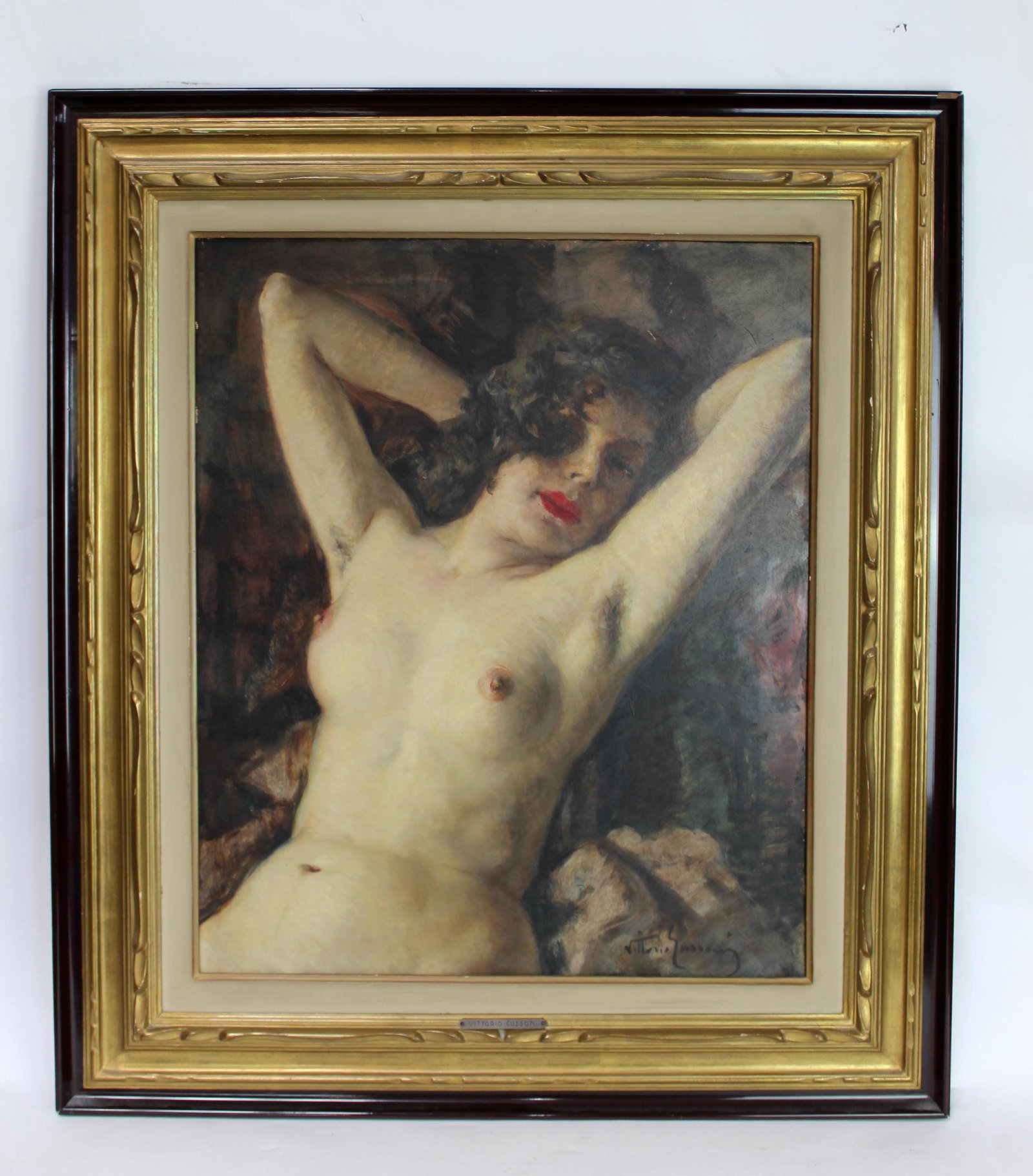 Vittorio Gussoni oil on board reclining nude: Vittorio Gussoni (1893-1968) oil on board depicting reclining nude. Signed lower right. Florence Art Gallery label on the back. Overall 32 1/2"h x 28 1/2"w, Board measures 23 1/2"h x 19 1/2"w*From a P