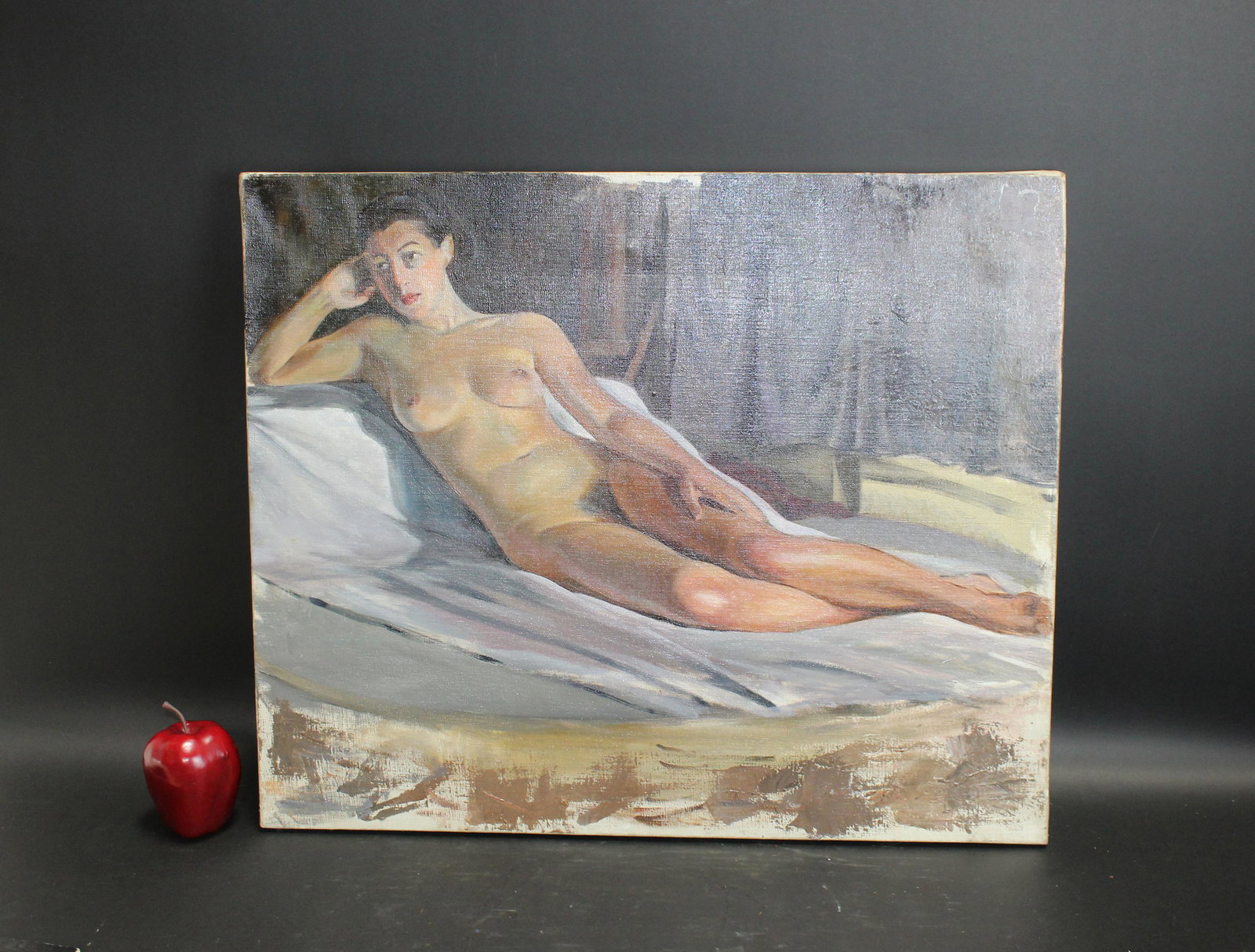 Unframed oil on canvas depicting reclining nude: Unframed oil on canvas depicting reclining nude. 20 1/4"h x 25 3/4"w