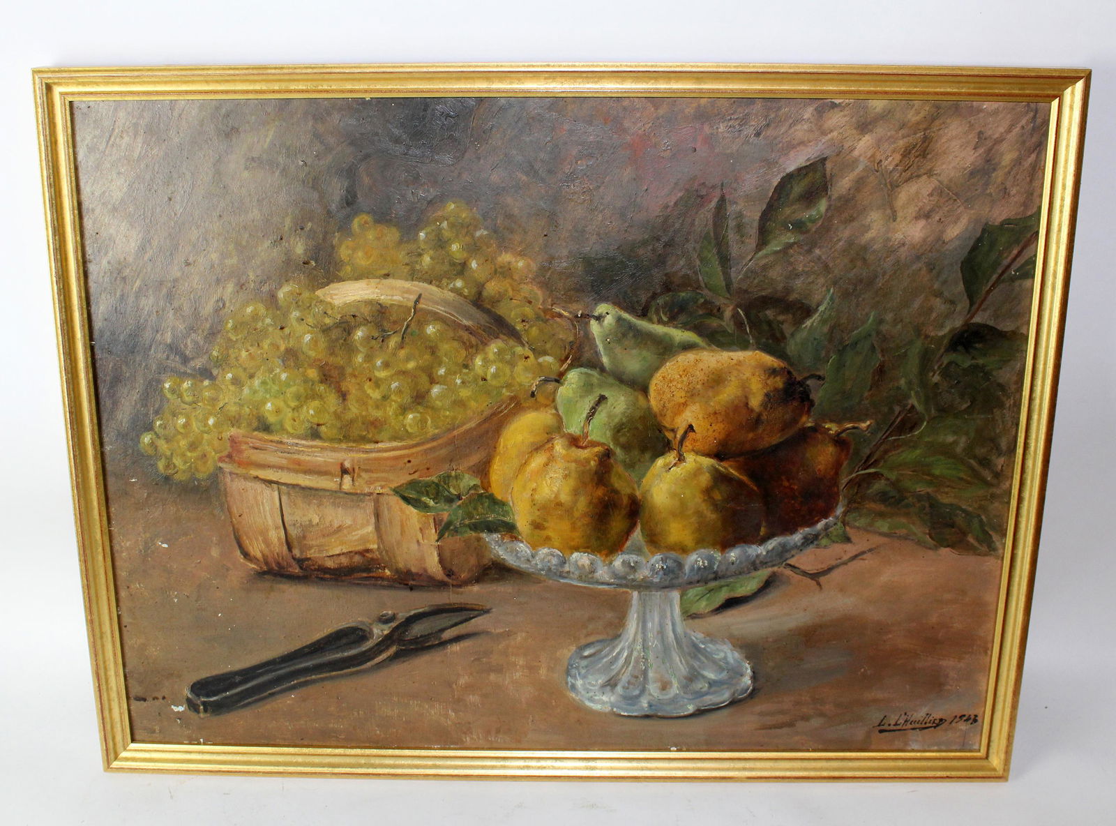 Oil on board still life with pears and grapes.  Signed (1 of 8)
