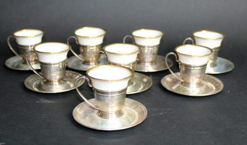 Lot of 8 Gorham sterling silver and Lenox demitasse: Lot of 8 Gorham sterling silver and Lenox bone china demitasse cups and saucers. Cup measures 2 3/8"h x 3"w, saucer measures 3 3/4" dia