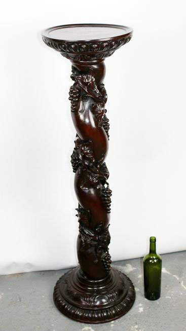 Relief carved mahogany pedestal with grape vine motif (1 of 9)