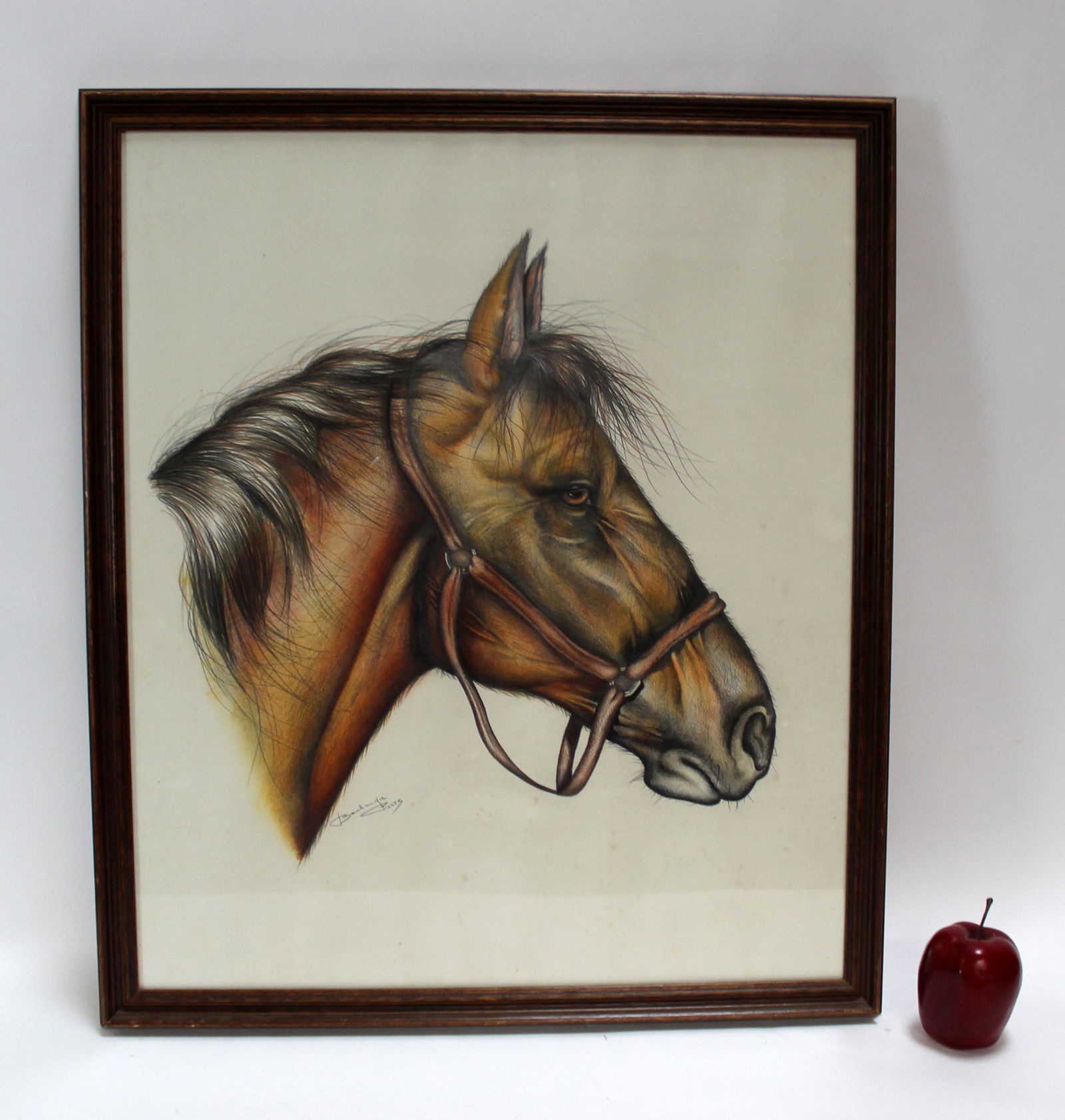 French colored pencil drawing of a horse: French colored pencil drawing of a horse. Signed Boulanger Pierre. Mid 20th century. In oak frame 27 3/4"h x 23 3/4"w overall