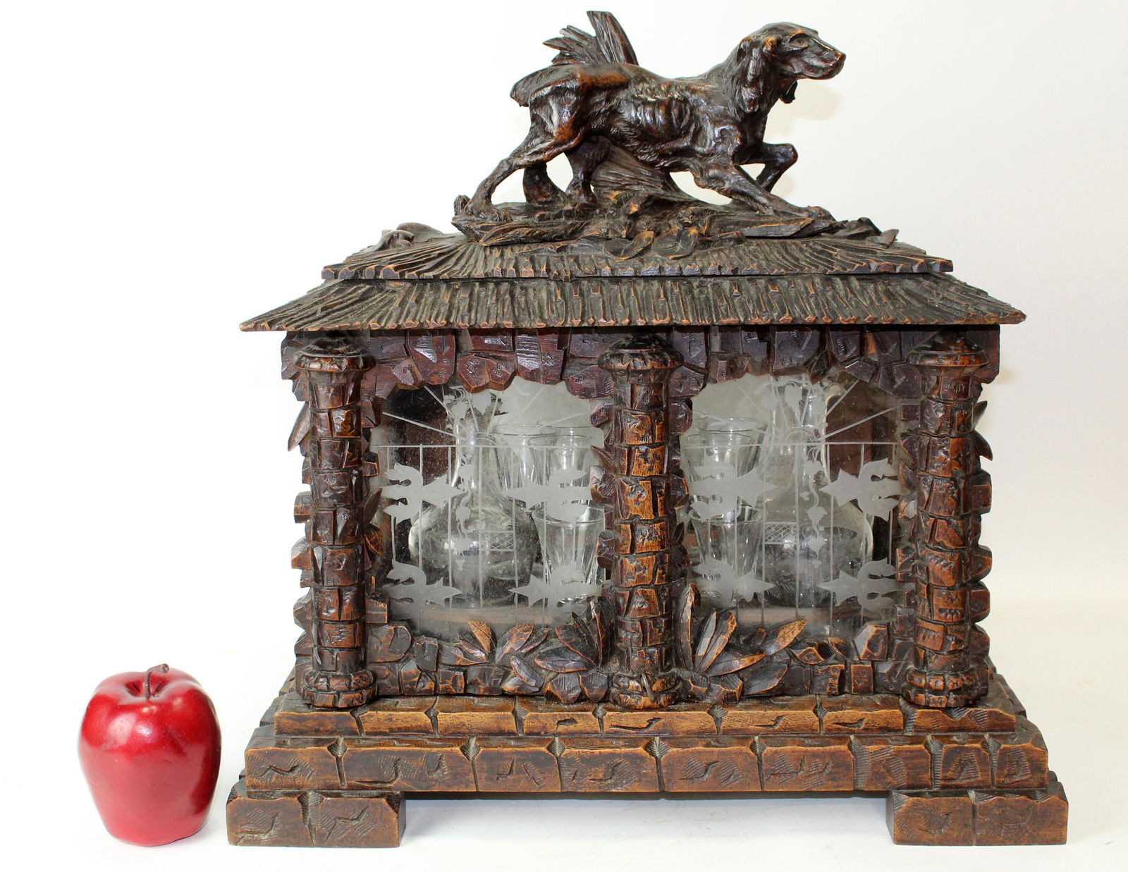 French Black Forest tantalus box with carved dog and (1 of 14)