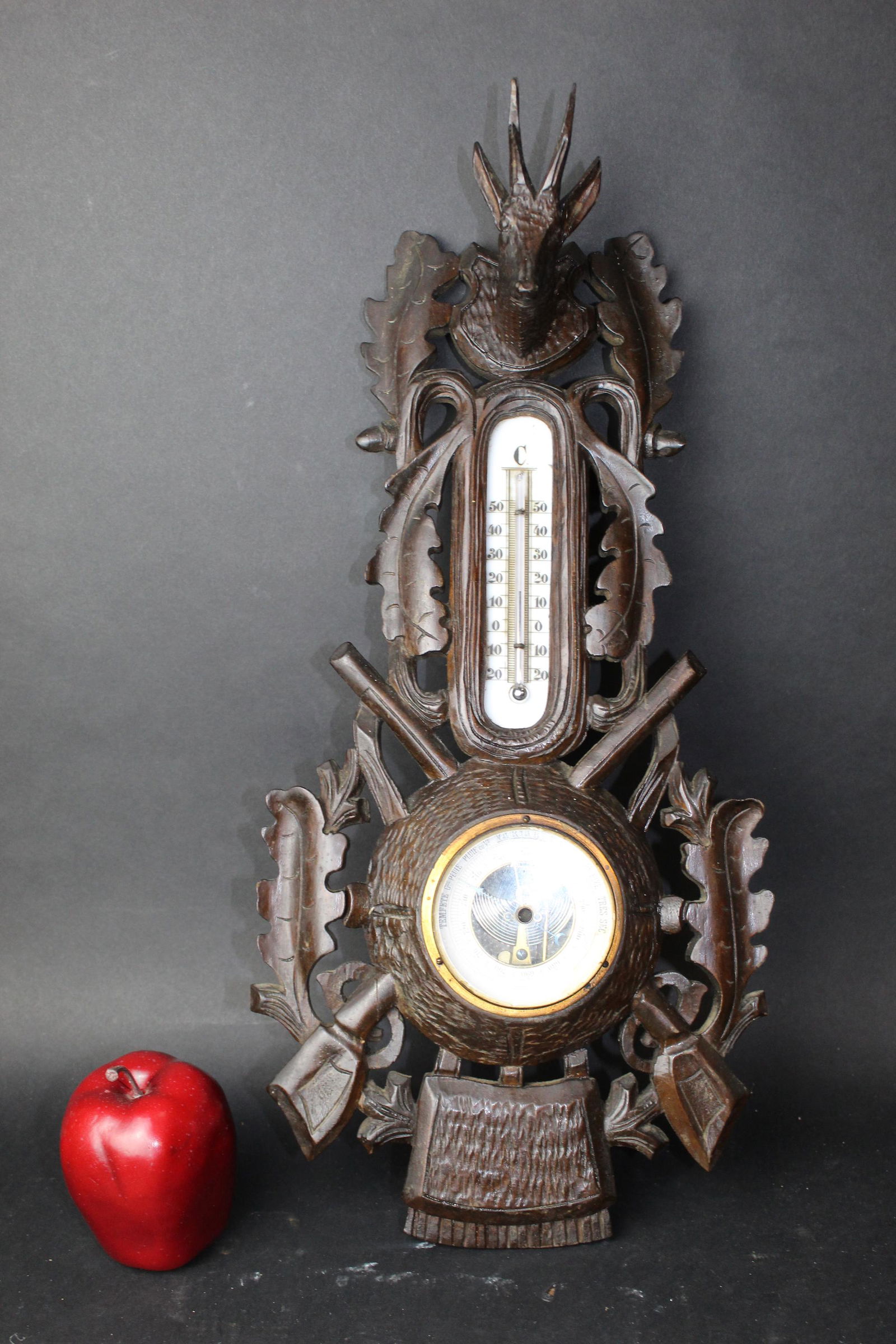 French carved walnut barometer with deer head (1 of 12)
