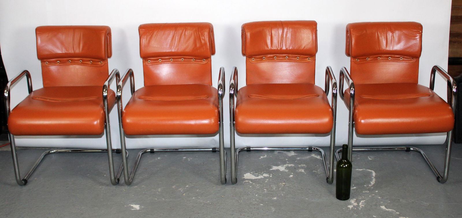 Lot of 4 Italian Tucroma chairs designed by Guido: Lot of 4 Italian Tucroma chairs designed by Guido Faleschini. In stainless steel with leather. From Mariani's Pace Collection. Circa 1970's.31 1/2"h x 22 1/2"w x 21 1/2"d Seat is 18 1/4"h