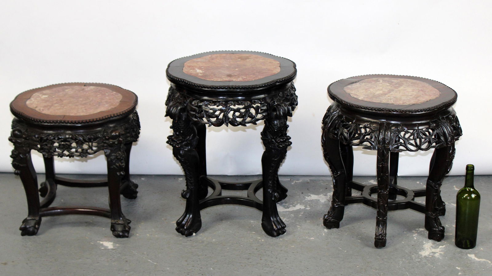 Set of 3 Chinese heavily carved side tables (1 of 7)