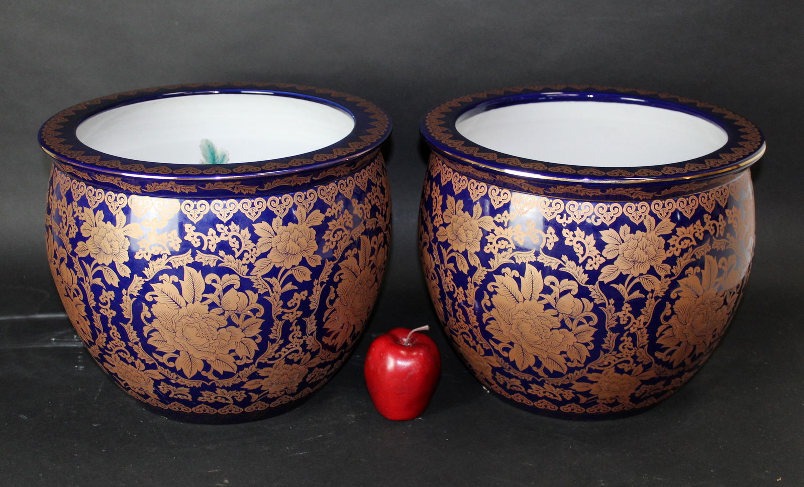 Pair of cobalt porcelain fish bowl pots (1 of 7)