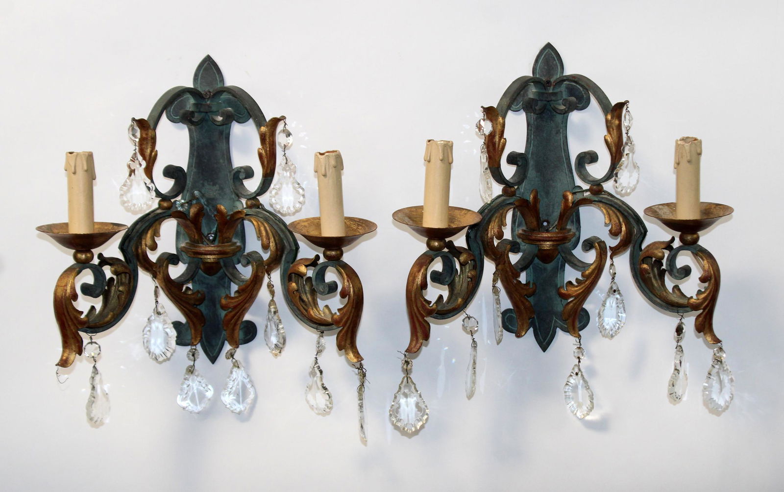 Pair French verdigris iron 2-arm wall sconces (1 of 8)