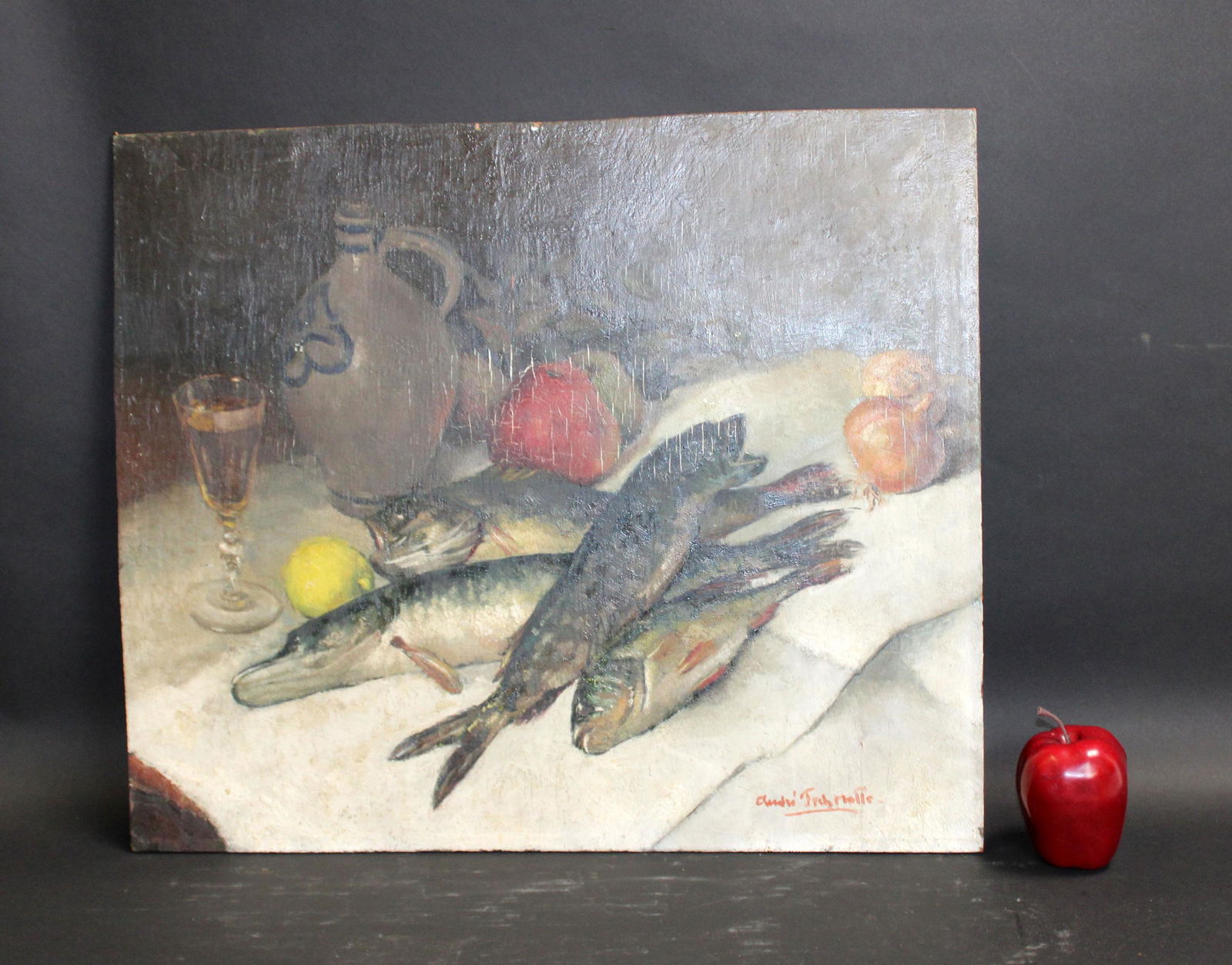 French oil on board painting still life with fish (1 of 9)