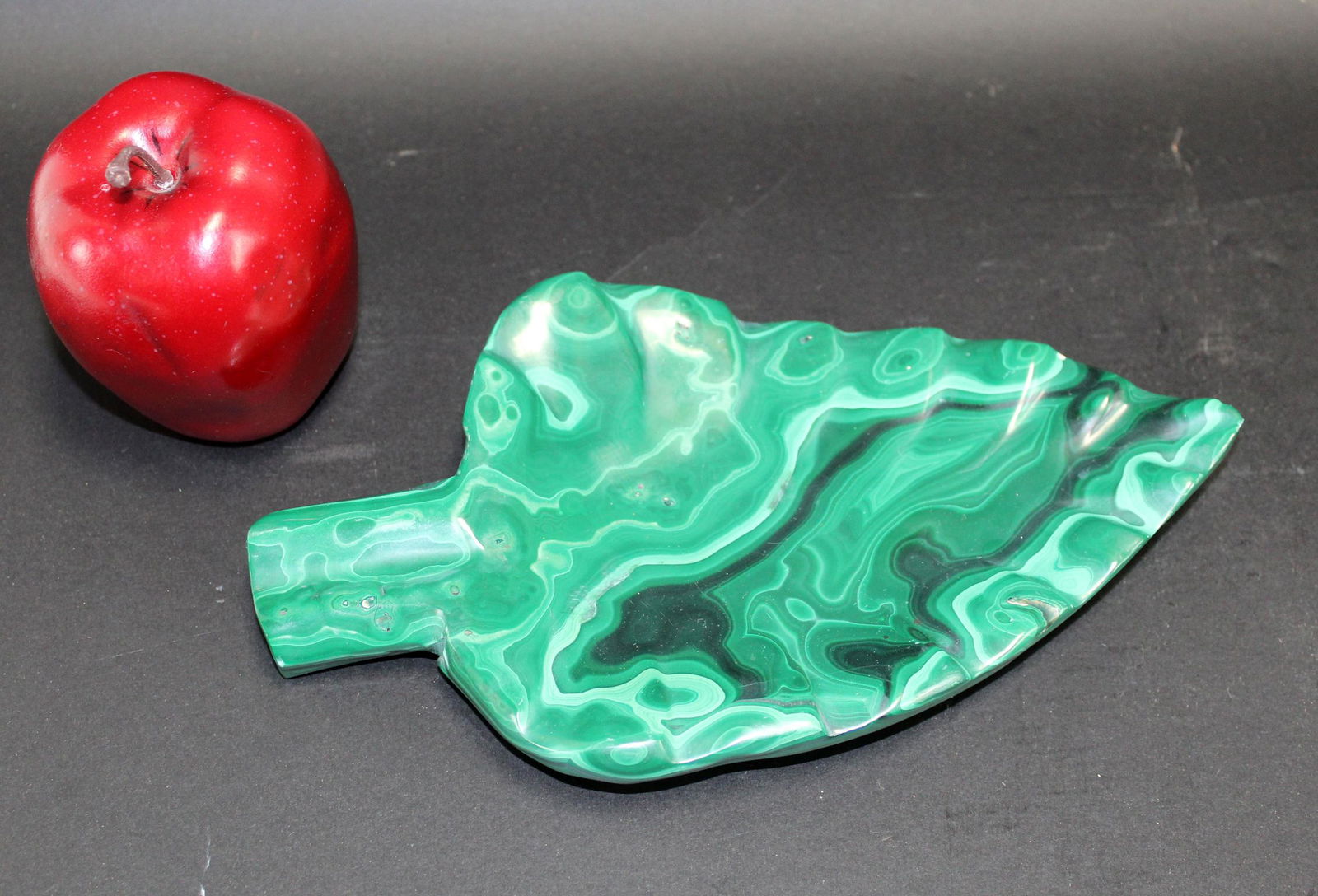 Malachite leaf form tray: Malachite leaf form tray. 20th century. 9 1/2"l x 5 1/2"d