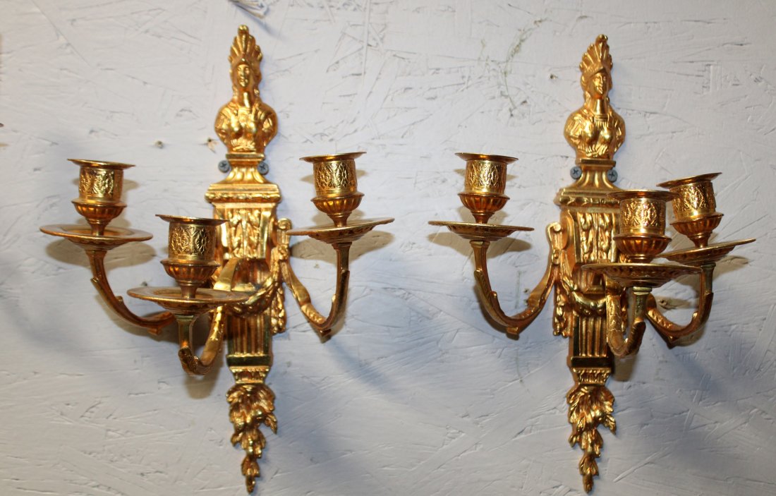 Pair of French Empire style bronze candle sconces: Pair of French Empire style bronze candle sconces with female mount. Early 20th century. 12 1/2"h x 9"w