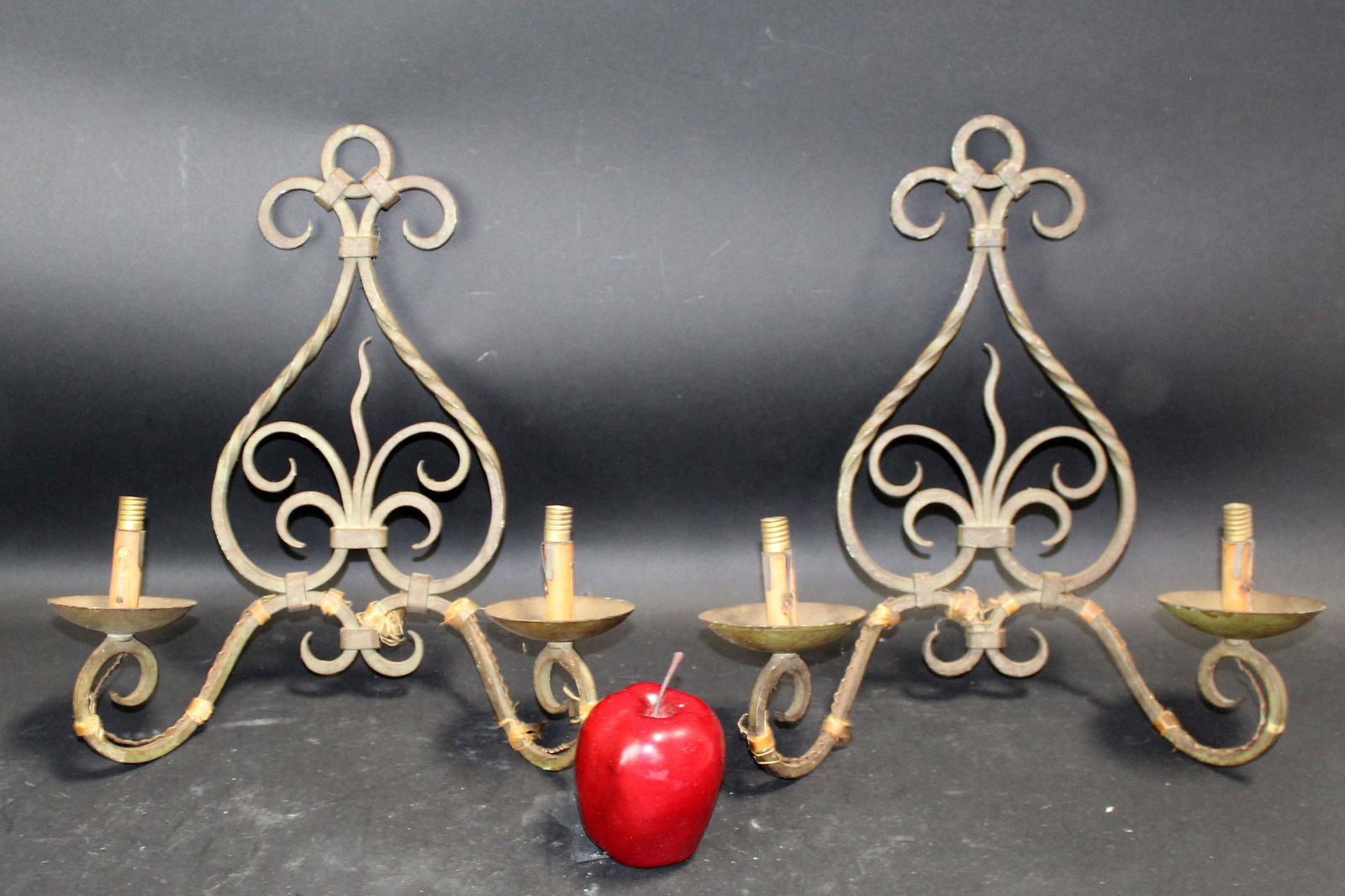 Pair of French scrolled verdigris iron wall sconces (1 of 6)