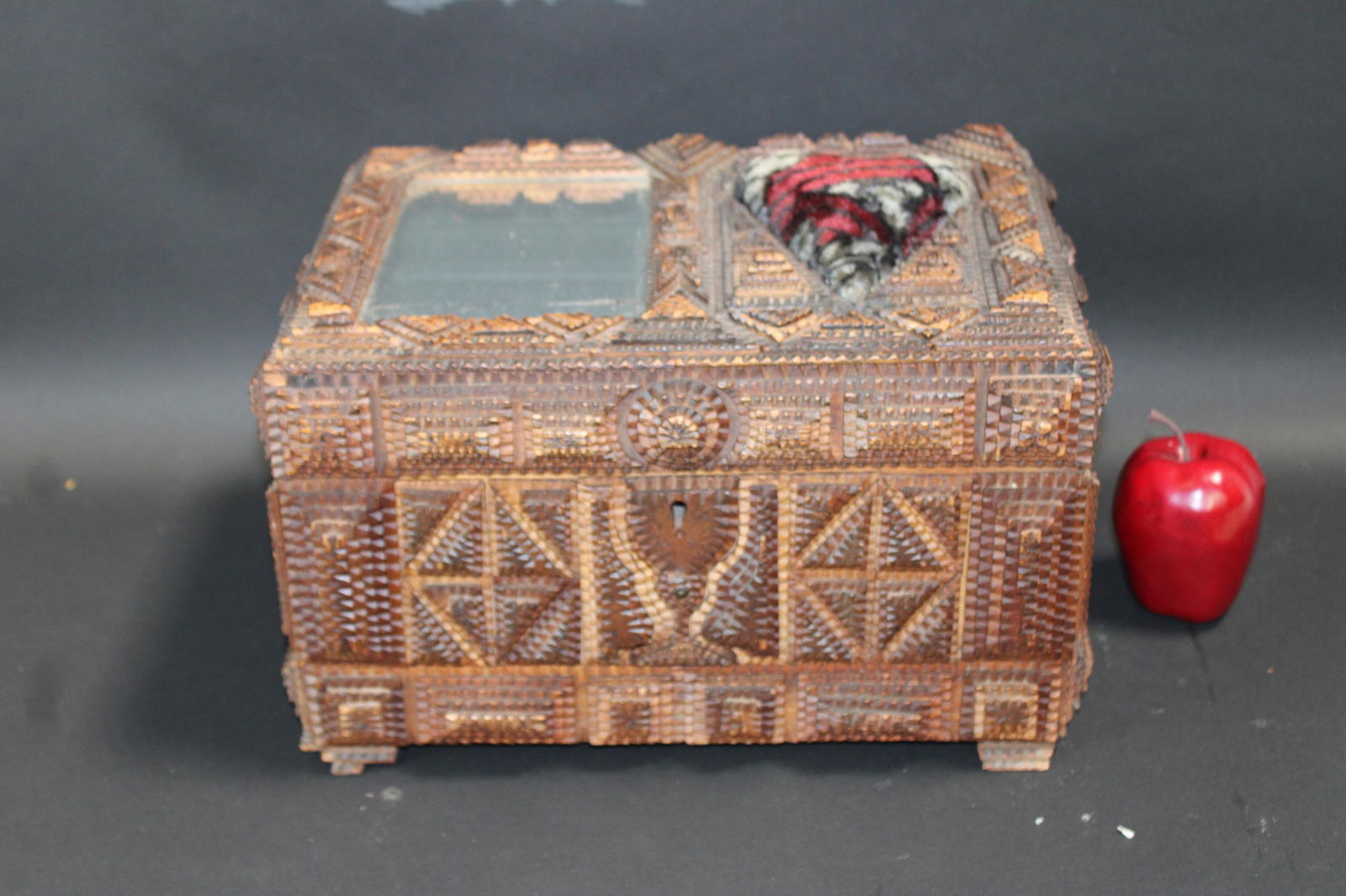 French tramp art carved wood dresser box with mirror (1 of 9)