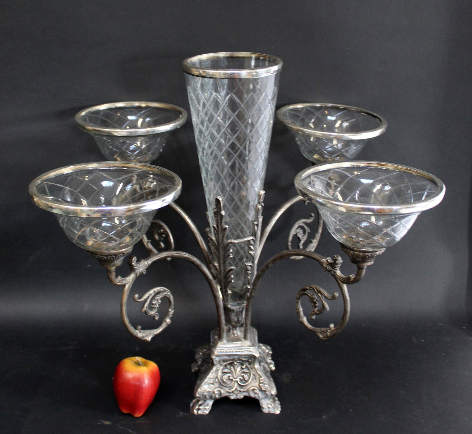 Silverplate and glass epergne centerpiece: Silverplate and glass epergne centerpiece. Late 20th century. 19 1/2"h x 18"w