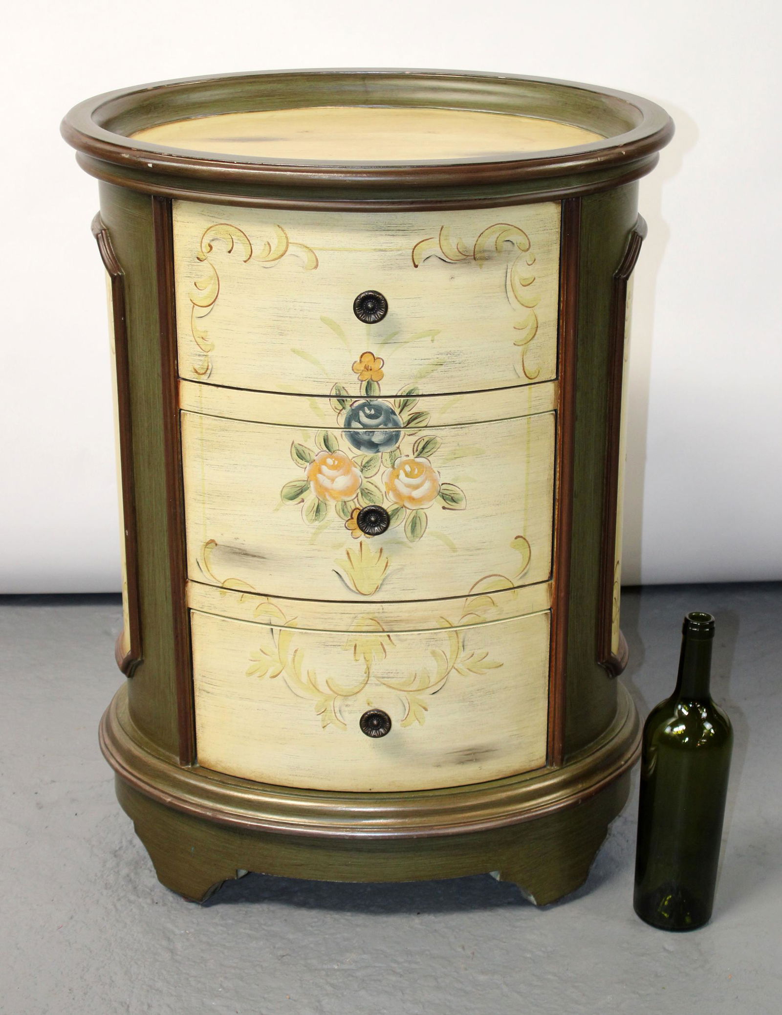 Oval floral painted 3 drawer side table (1 of 8)
