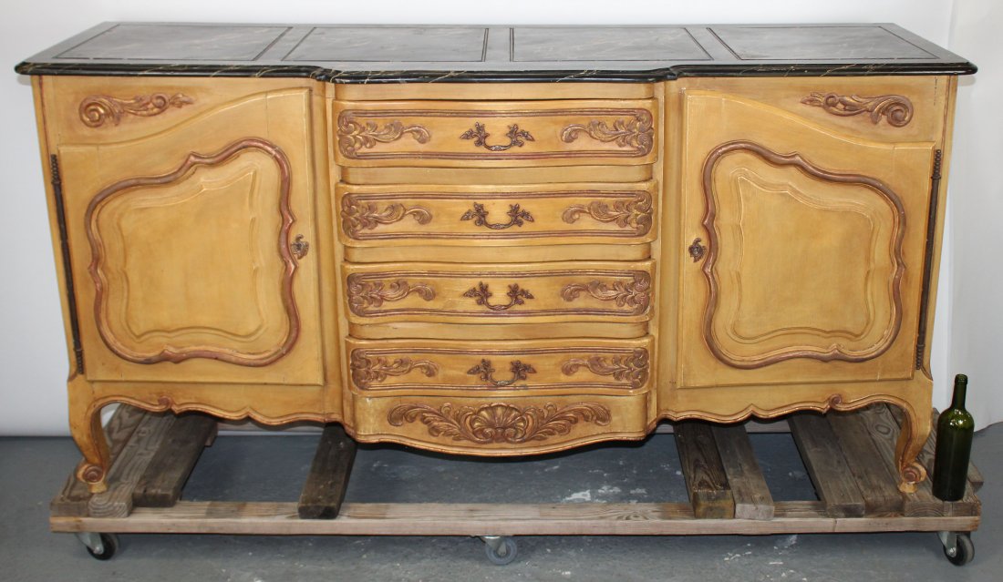 French Provincial faux painted sideboard with drawers: French Provincial painted sideboard with center drawers and faux marble painted top. Mid 20th century. 39 3/4"h x 78"l x 25 1/2"d