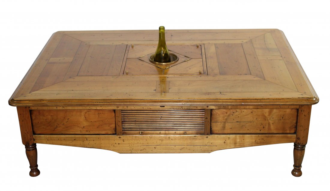 French cocktail table with rafrachissoir: French cocktail table with rafrachissoir (wine bucket) in center. 2 sides have drawer, 2 sides have tambor doors. Makers branded mark 1 inside drawer. Other drawer has inscription and dated 2000. 15 1