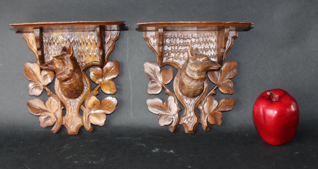 Pair Black Forest carved wall shelves with fox (1 of 6)