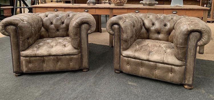 Pair antique tufted leather Chesterfield club chairs (1 of 13)