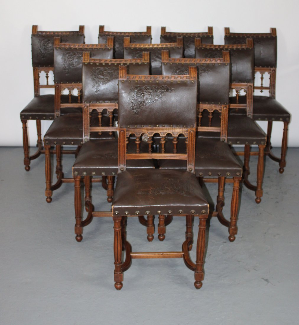 Set of 10 French walnut chairs with embossed leather (1 of 10)