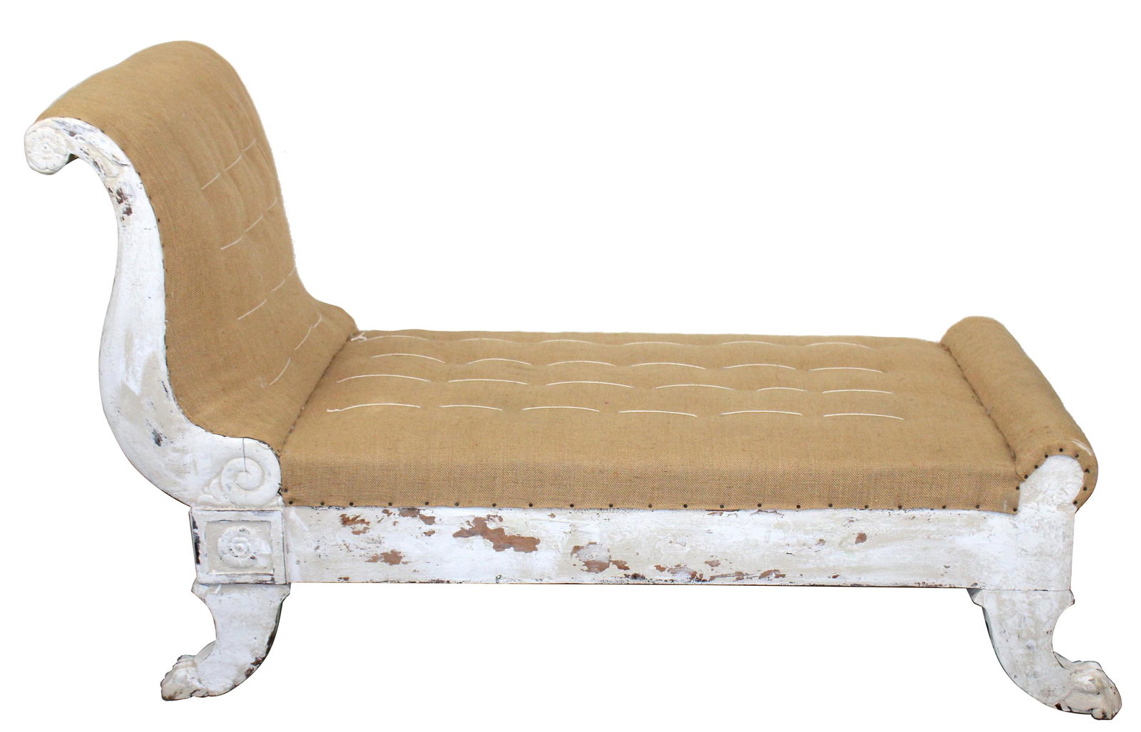 French painted recamier chaise longue: French painted recamier chaise longue with paw feet. Covered in burlap. Late 19th century. 34 1/4"h x 60"w x 25"d