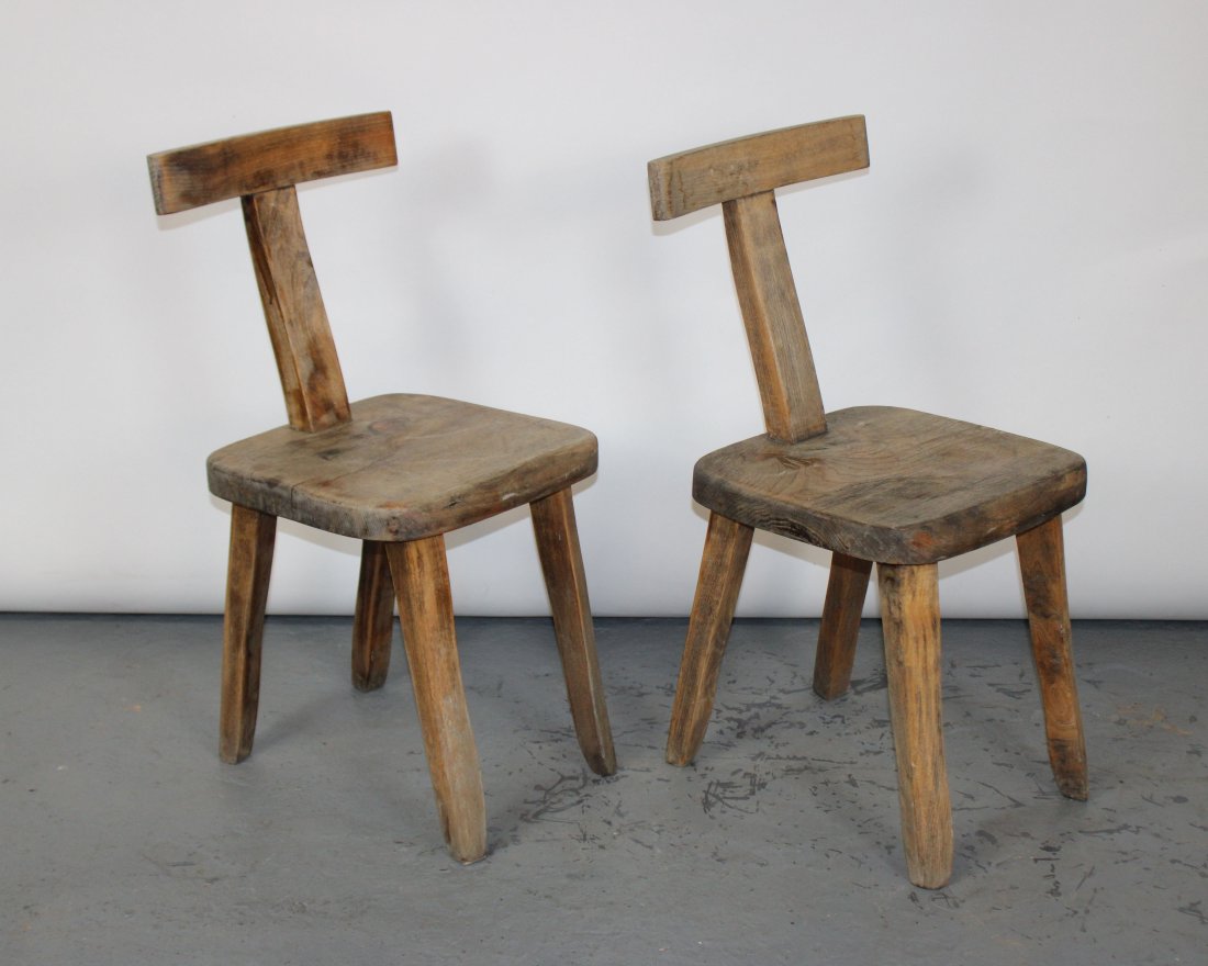 Pair of French Brutalist T-chairs in elm (1 of 8)