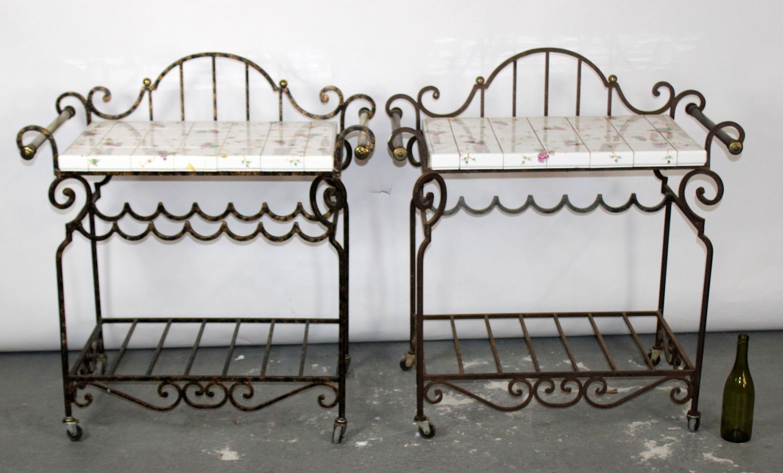 Pair of wrought iron bar carts with tile tops: Pair of wrought iron bar carts with tile tops. Late 20th century. 39"h x 36"w x 20 1/2"d