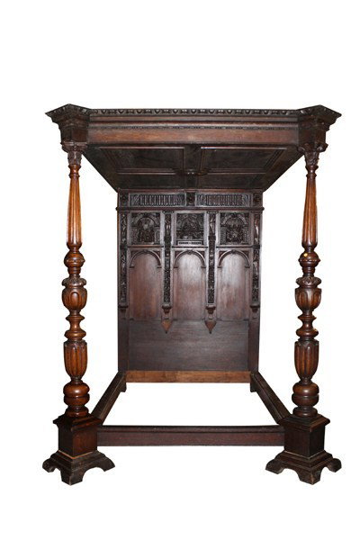 19th century oak canopy bed with 16th c panels: depicting scenes from the Bible: the Birth of Christ, the Baptism and the Last Supper. Panels dated 1590. 89"l x 89 1/2"h x 77"w overall.