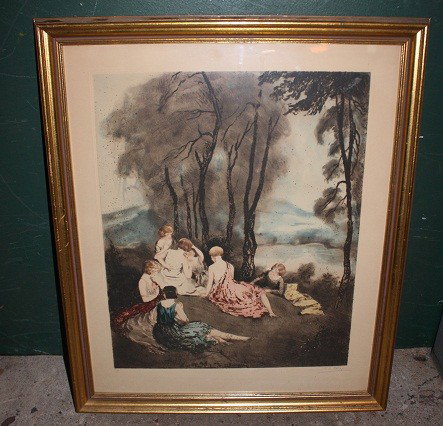 French hand colored engraving, signed P.E. Felix: French, circa 1930's