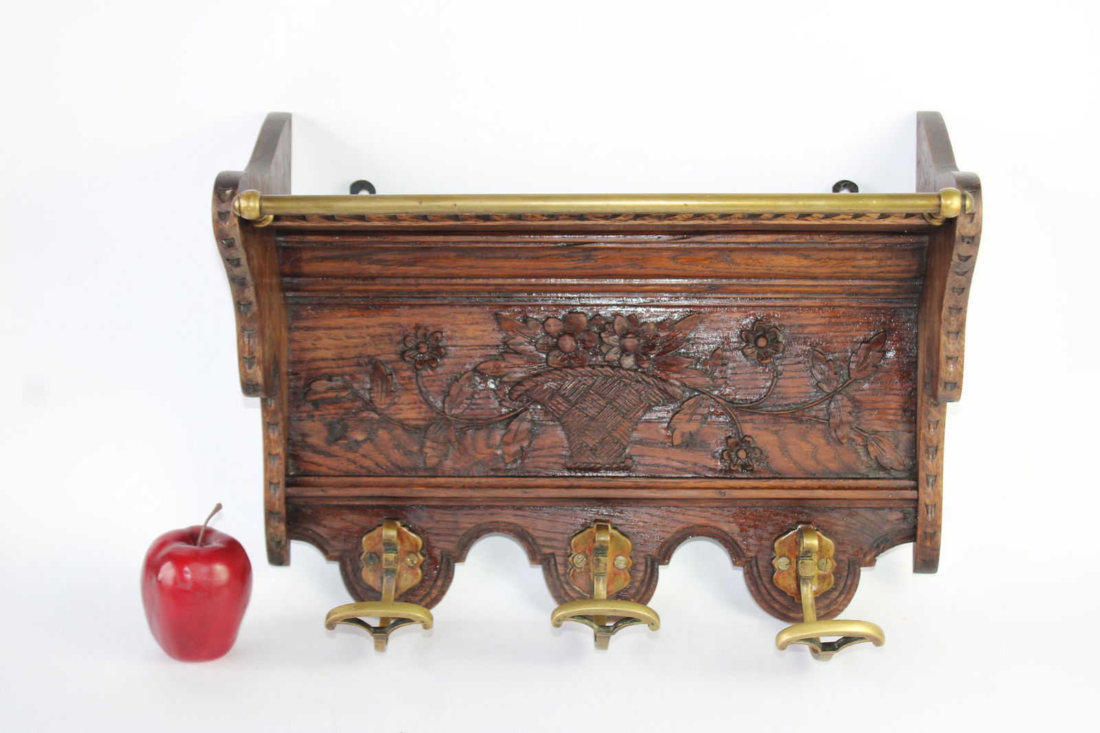 French Provincial carved oak hat rack with flowers (1 of 9)
