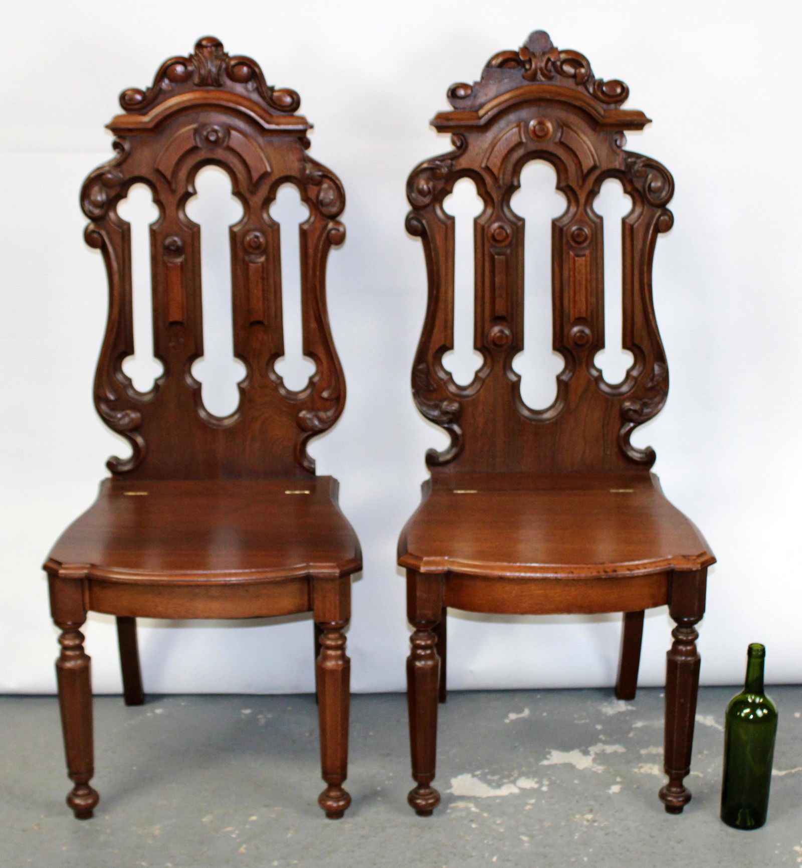 Pair English Gothic Revival hall chairs in walnut (1 of 7)