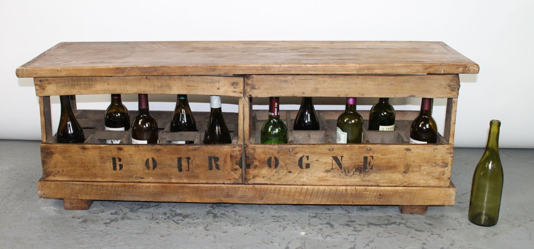 French double wine crate bench with lift top: French double wine crate bench with lift top. 17 1/2"h x 48 1/2"l x 14 1/2"w