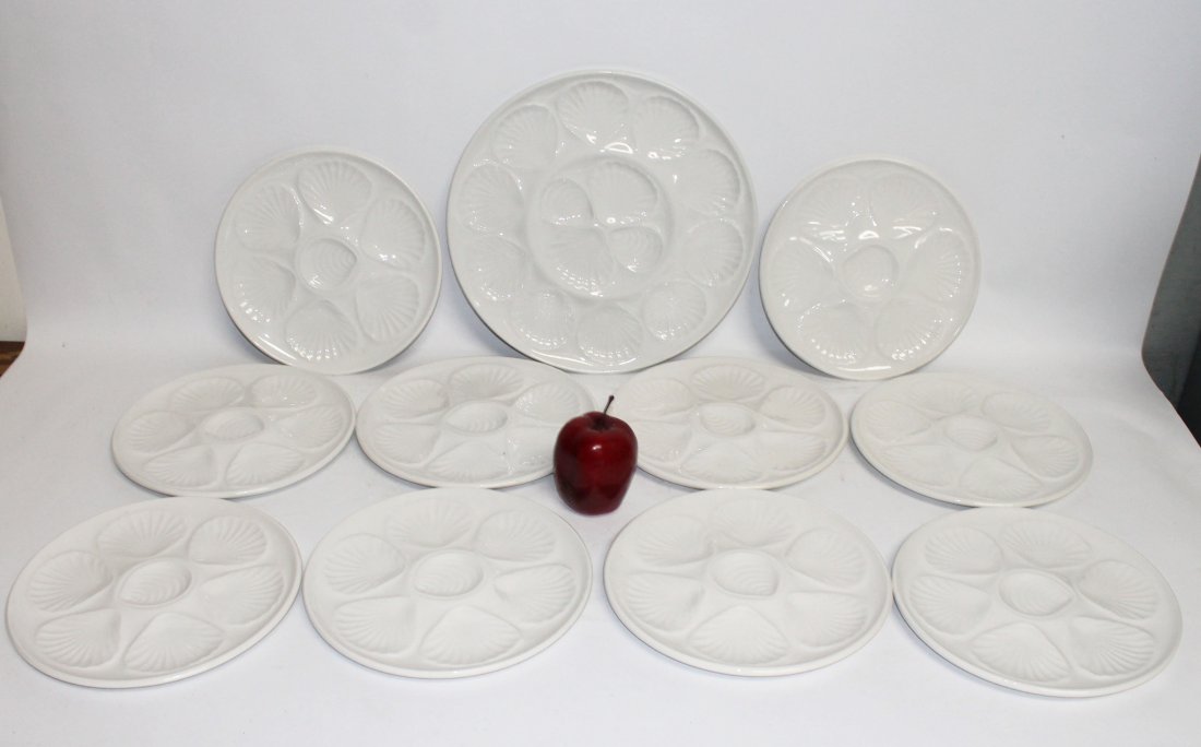 Set of 10 French Majolica oyster plates with platter: Set of 10 French Majolica oyster plates with platter. Unmarked. Platter 13" dia, plates 9 1/2"dia