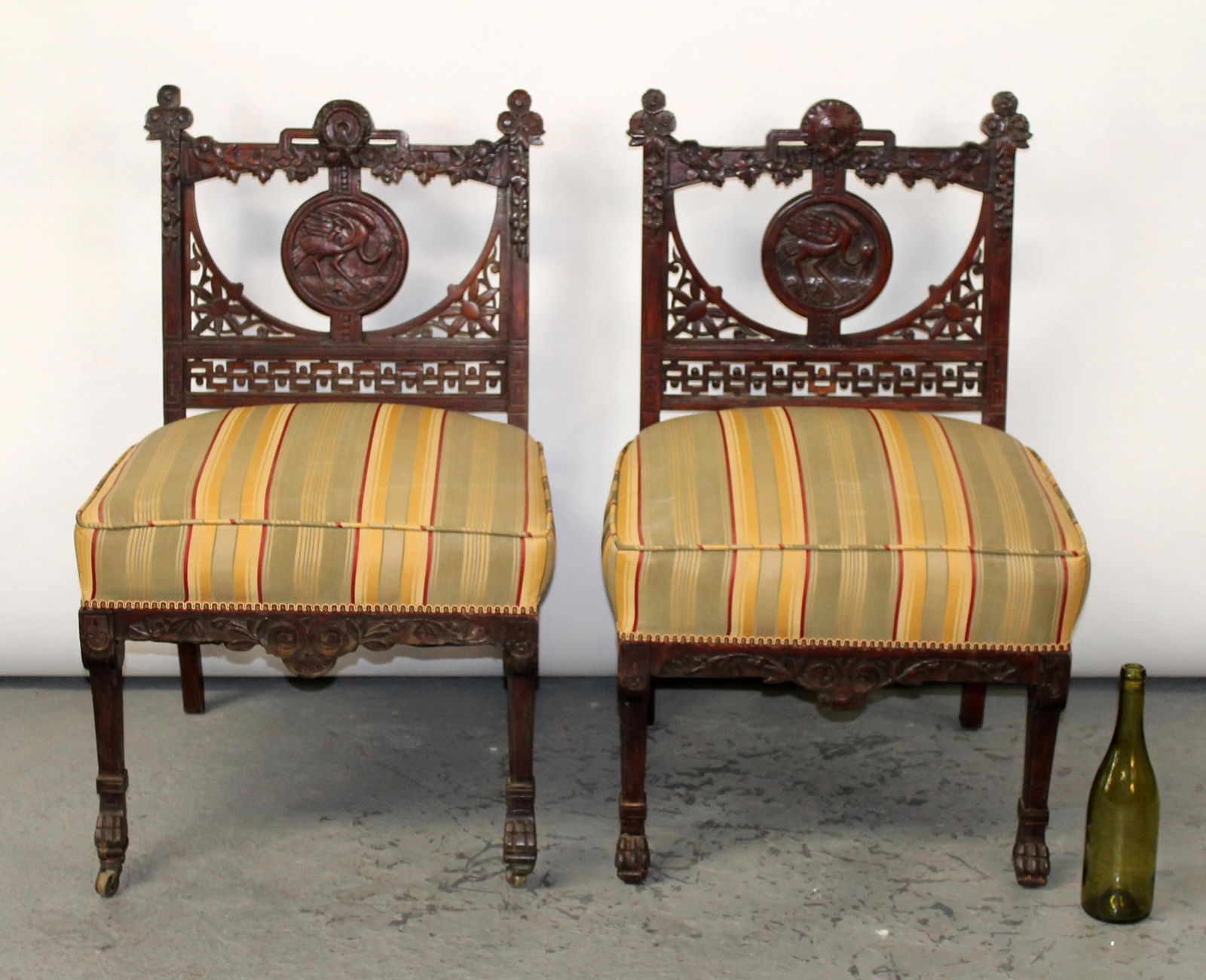 Pair of antique hall chairs back carved with crane (1 of 11)
