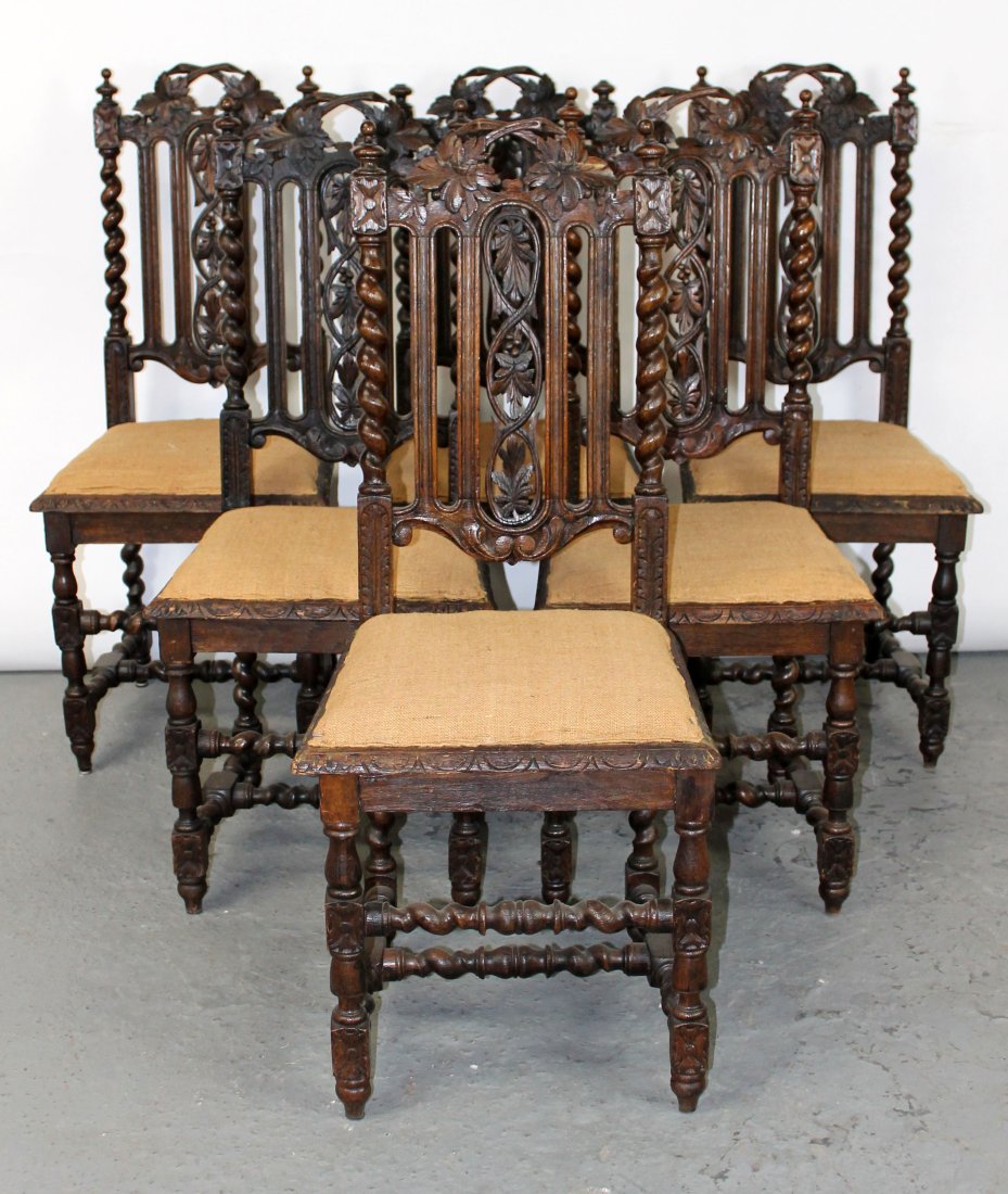 Set of 6 French barley twist chairs: Set of 6 French barley twist chairs. Covered in burlap. Late 19th century. 42"h x 14 3/4"w x 16 1/2"d