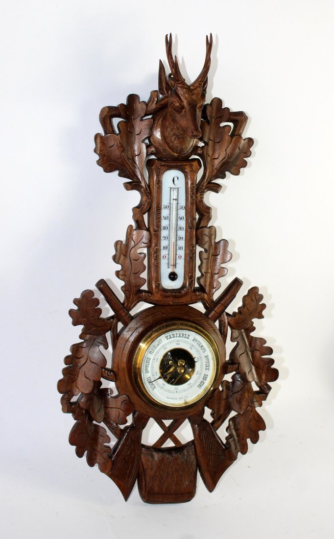 French Black Forest carved barometer with deer head (1 of 14)