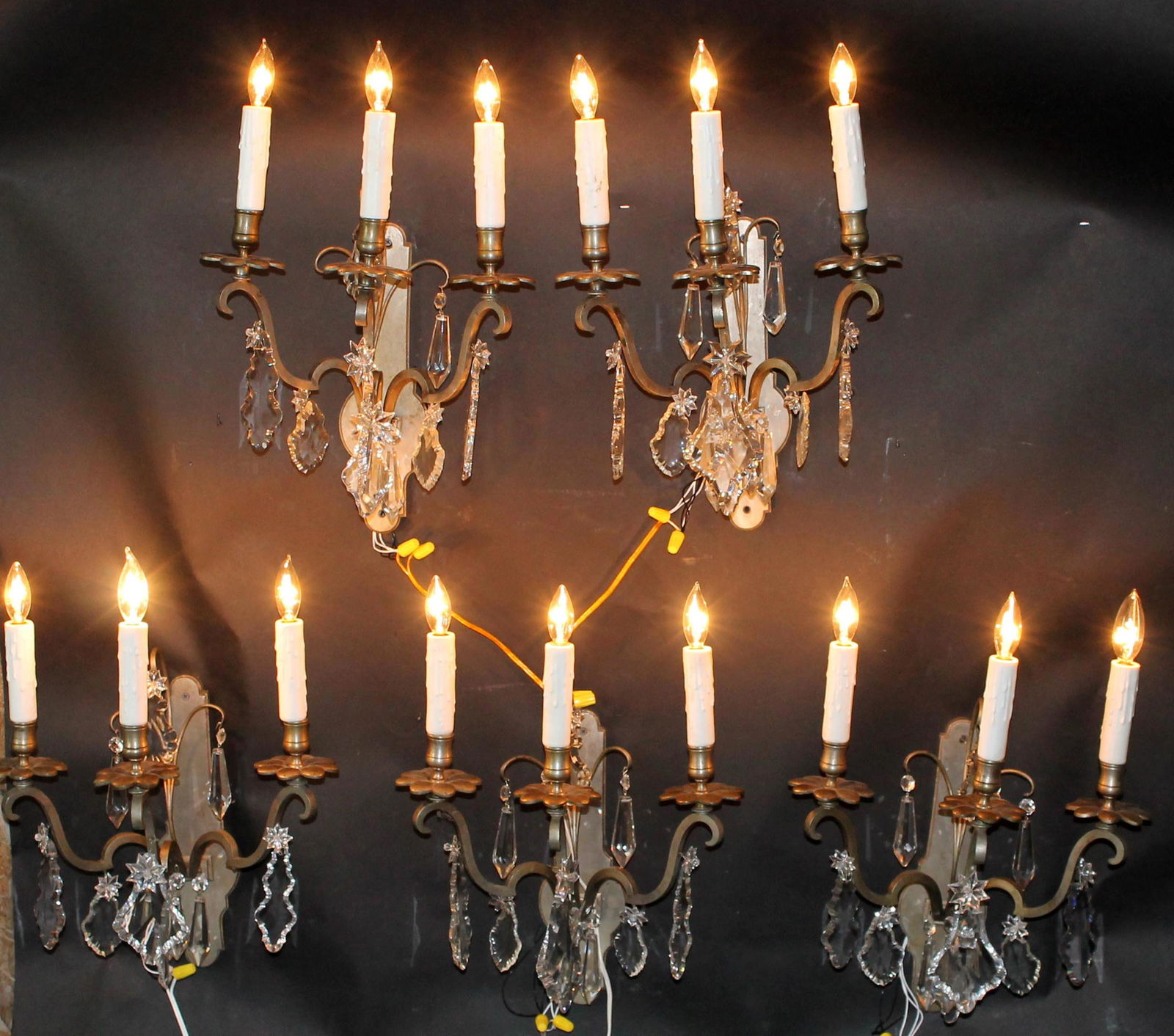 Set of 5 crystal and bronze 3 arm sconces (1 of 8)