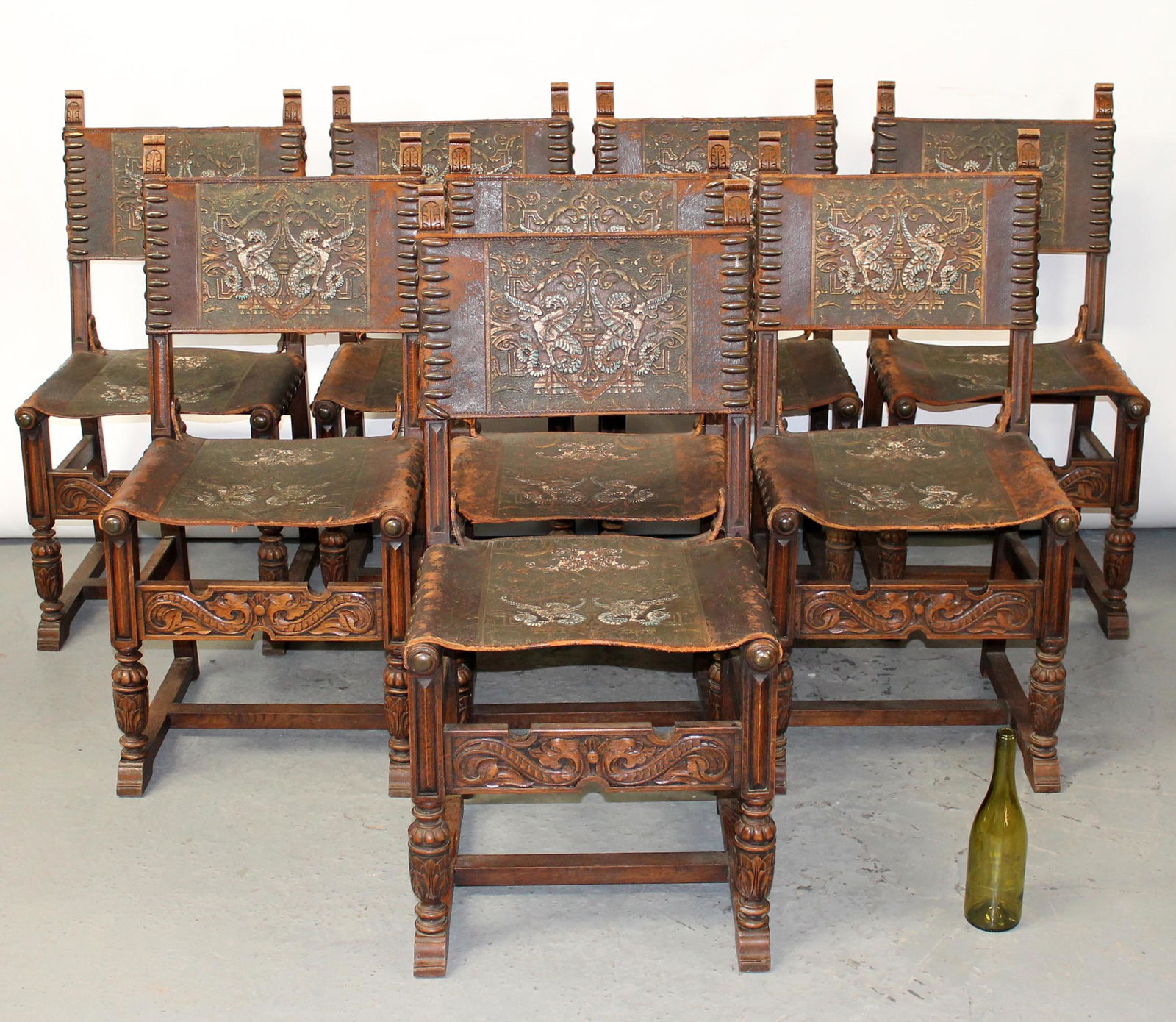 8 Spanish Renaissance style tooled leather chairs (1 of 12)