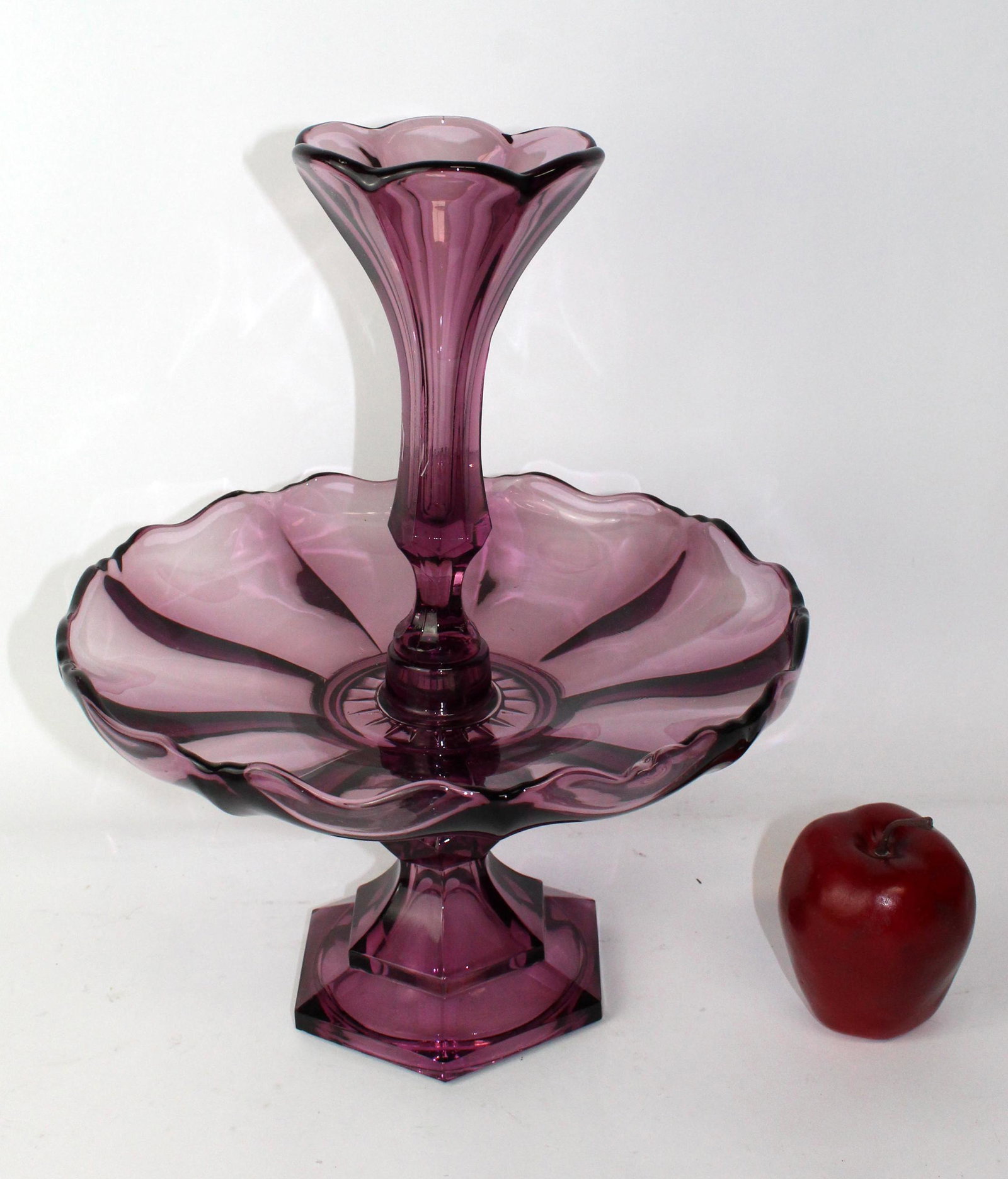 Vintage Amethyst glass tiered dessert server: Vintage Amethyst glass tiered dessert server. Mid 20th century. 16"h x 12"w