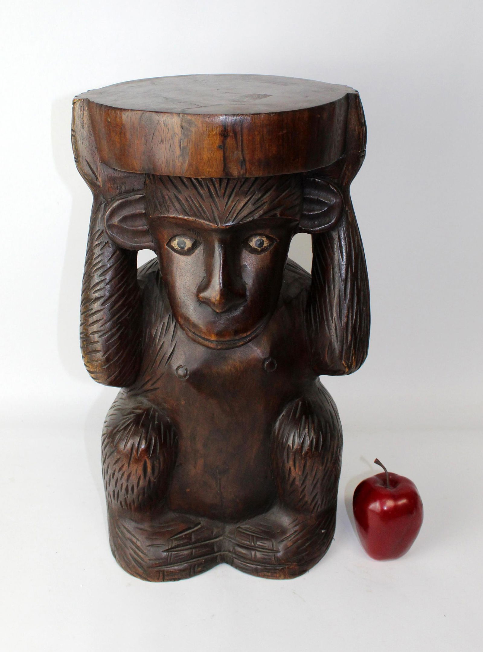 Carved wooden monkey form pedestal stool (1 of 7)