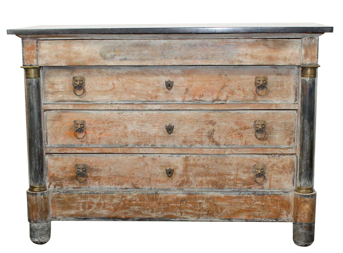 French Empire commode with rubbed finish, ebonized columns and lion head pulls (1 of 11)