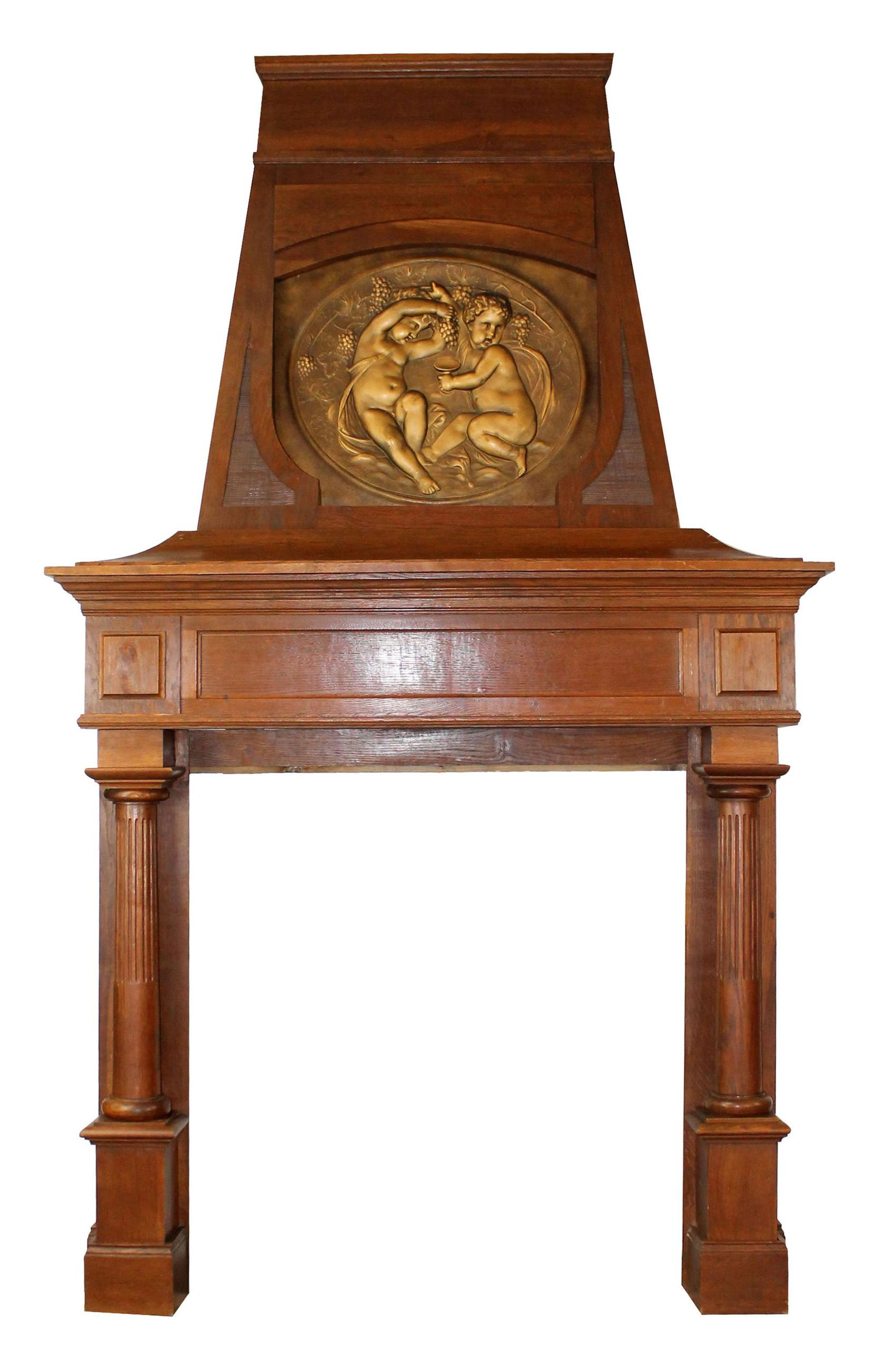 French fireplace mantel in oak with relief baby Bacchus plaque (1 of 12)